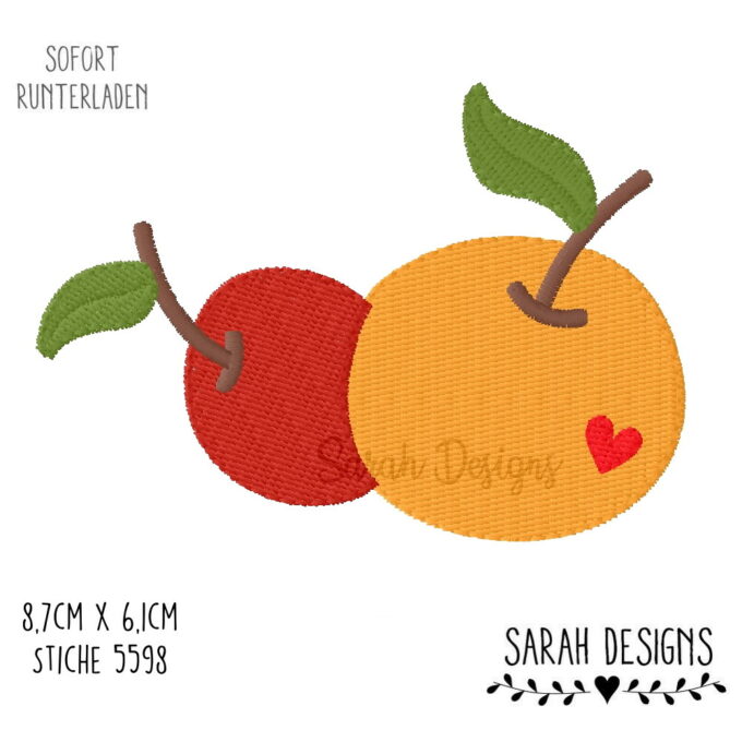 Stickdatei Apfel Äpfelchen mit Herz Herbstliche Stickdatei 8,7cm x 6,1cm groß und zum Maschinensticken geeigenet.