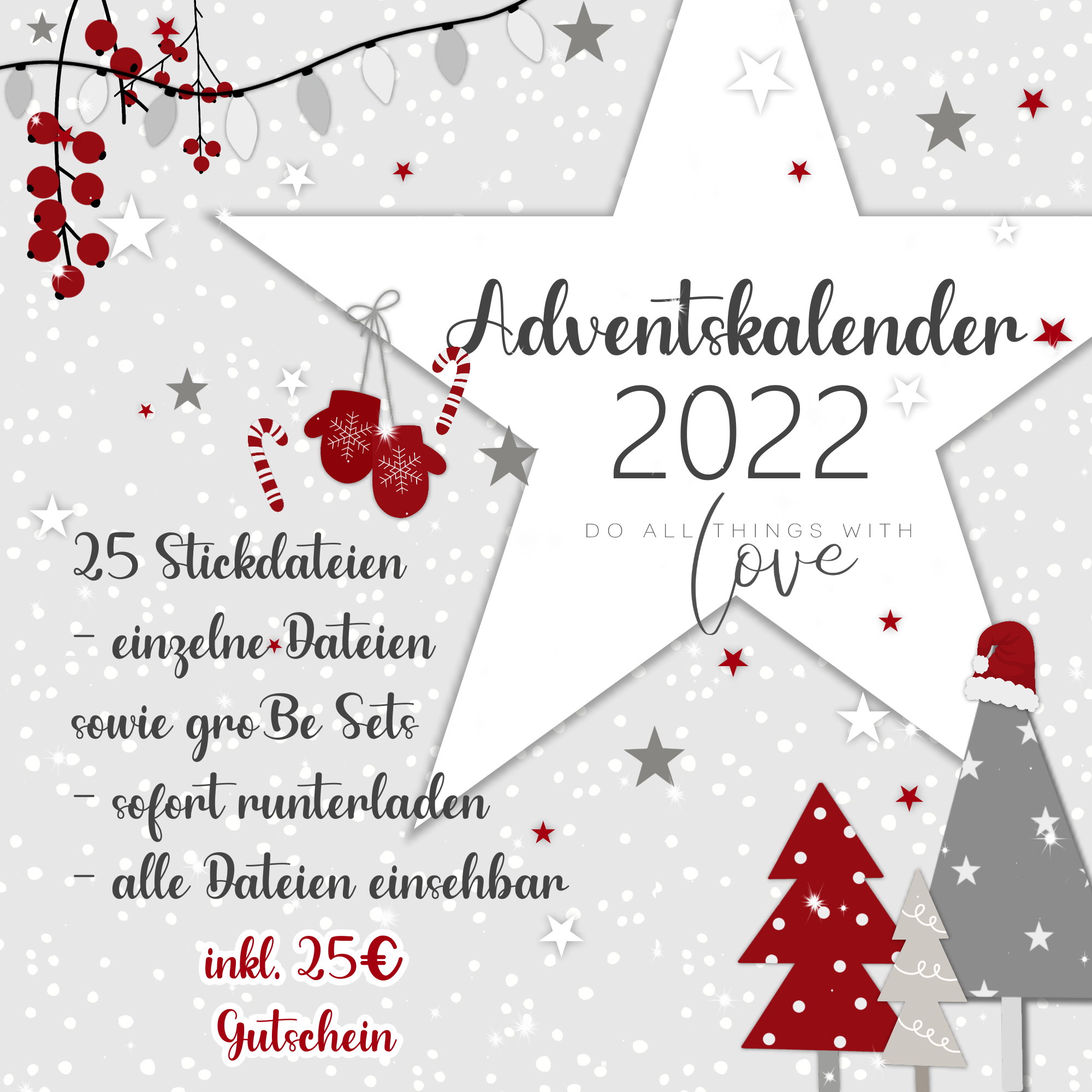 Sarah Designs Weihnachtskalender 2022 bestehend aus 25 Stickdateien inkl 25 Euro Gutschein