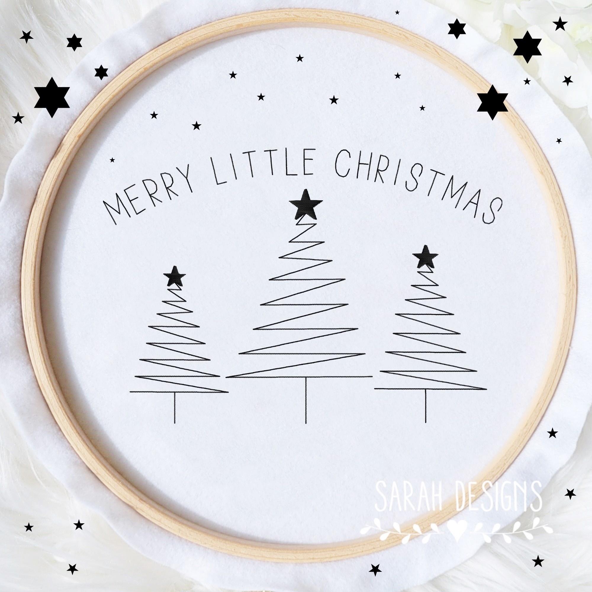Stickdatei Merry little Christmas mit Tannebäumen im Doodle Stil Weihnachten 2
