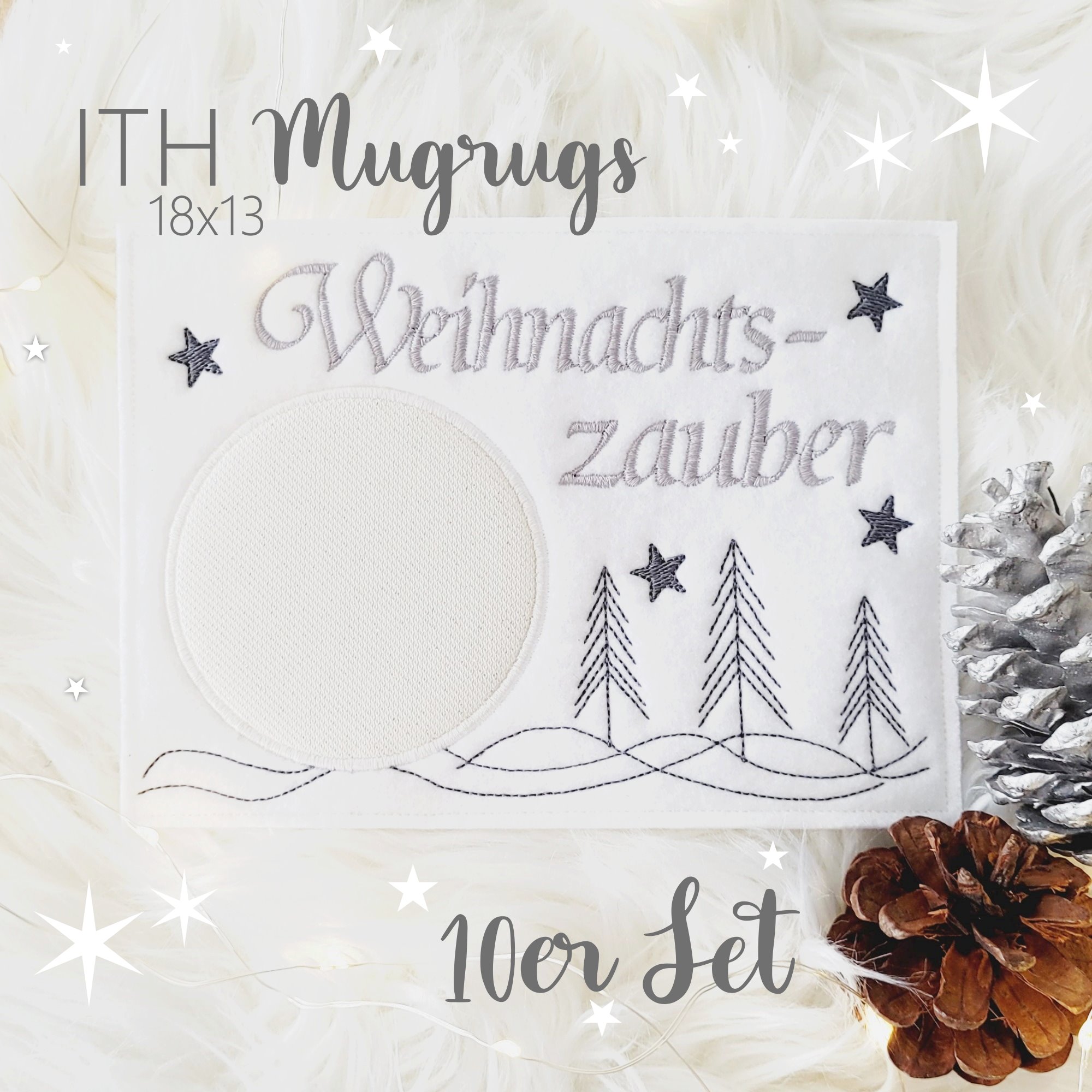 Stickdatei Mugrugs Tassenteppich 18x13 Weihnachtszeit Weihnachten Tannenbäume und Sterne 10er Set