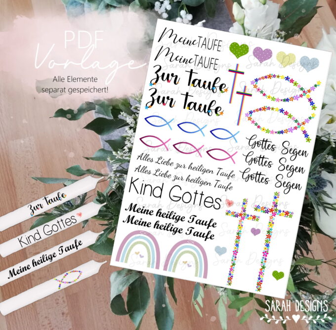 Taufe | PDF Druckvorlage | Kerzen Tattoo | 12 Dateien | PNG Motive separat