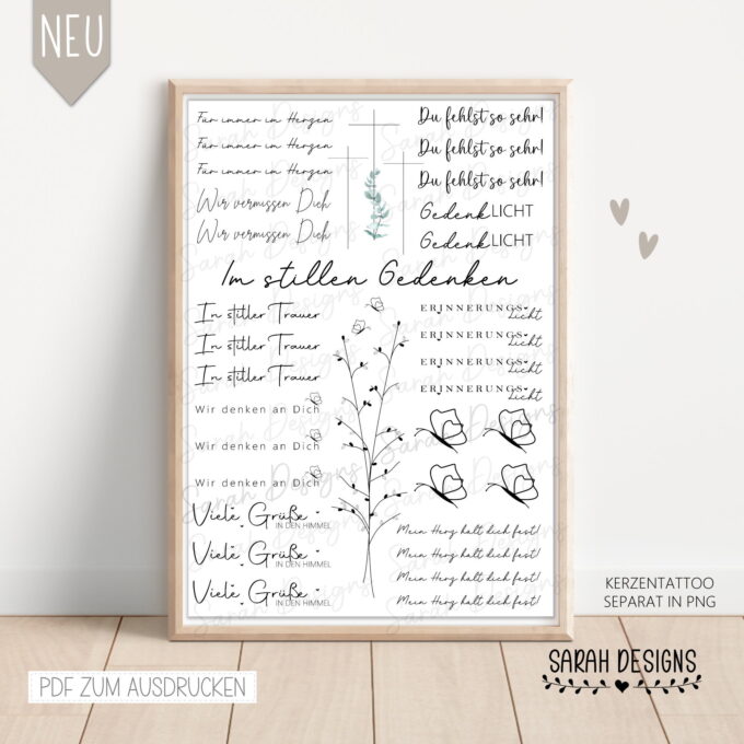 Trauer Gedenken Grablicht | Kerzentattoo | Grablaterne PDF PNG | 14 Dateien