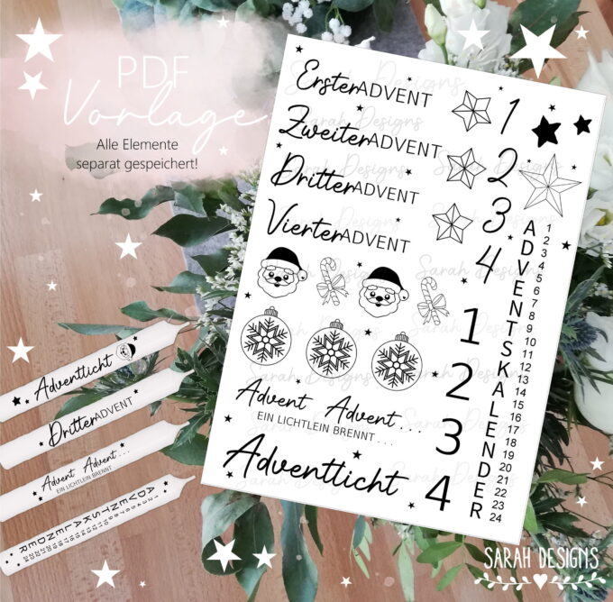 Advent | Kerzen Tattoo | Weihnachten | Dekoidee Bastelidee | 15 Dateien PNG & PDF