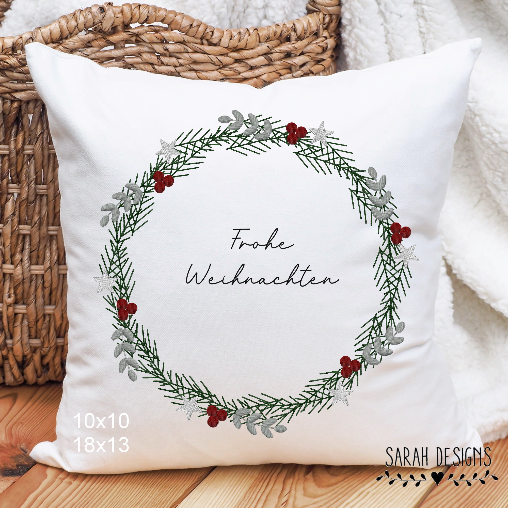 Stickdatei Weihnachtskranz Kranz Weihnachten Embroidery Design Christmas Wreath Frohe Weihnachten sticken 10x10 und 18x13