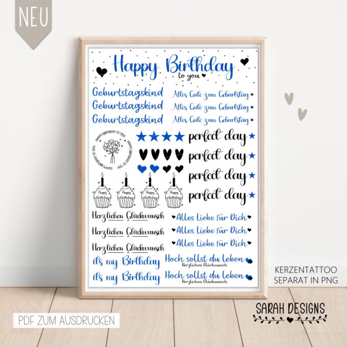 Kerzentattoo Happy Birthday in blau mit Sternchen und Herzchen Alles Liebe für dich und Hoch sollst du leben in PNG und pdf