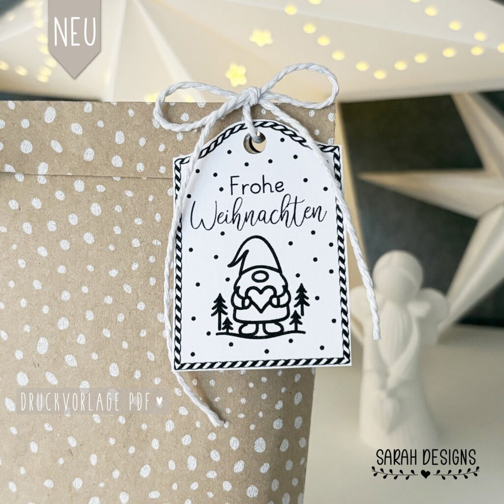 PDF Tag Geschenkanhänger Frohe Weihnachten Wichtel zum ausdrucken als PDF gespeichert DIN A4 Seite