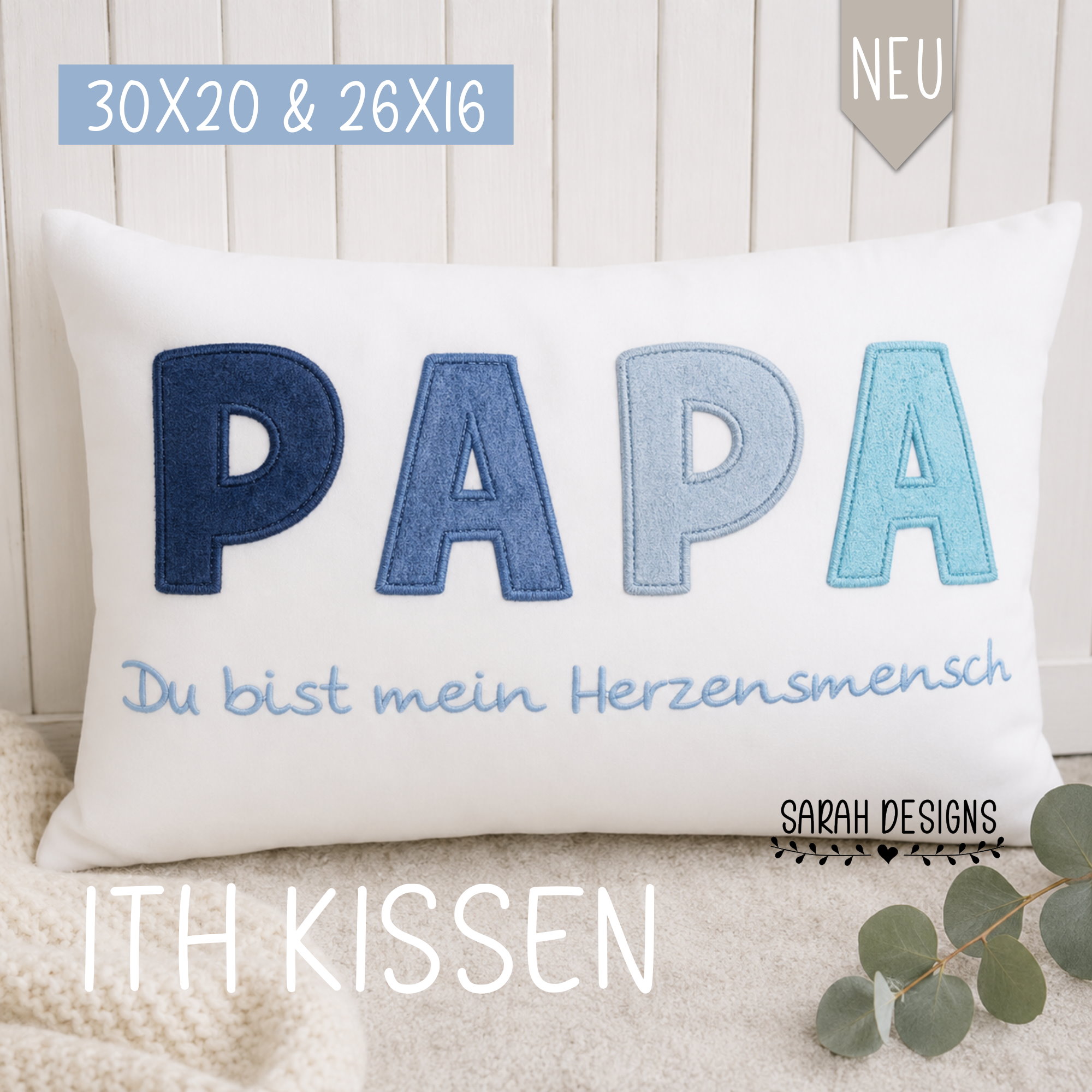 Stickdatei ITH Kissen zwei größe 30x20 26x16 Papa Herzensmensch Stickmaschine Kissen sticken Vatertag Geschenk