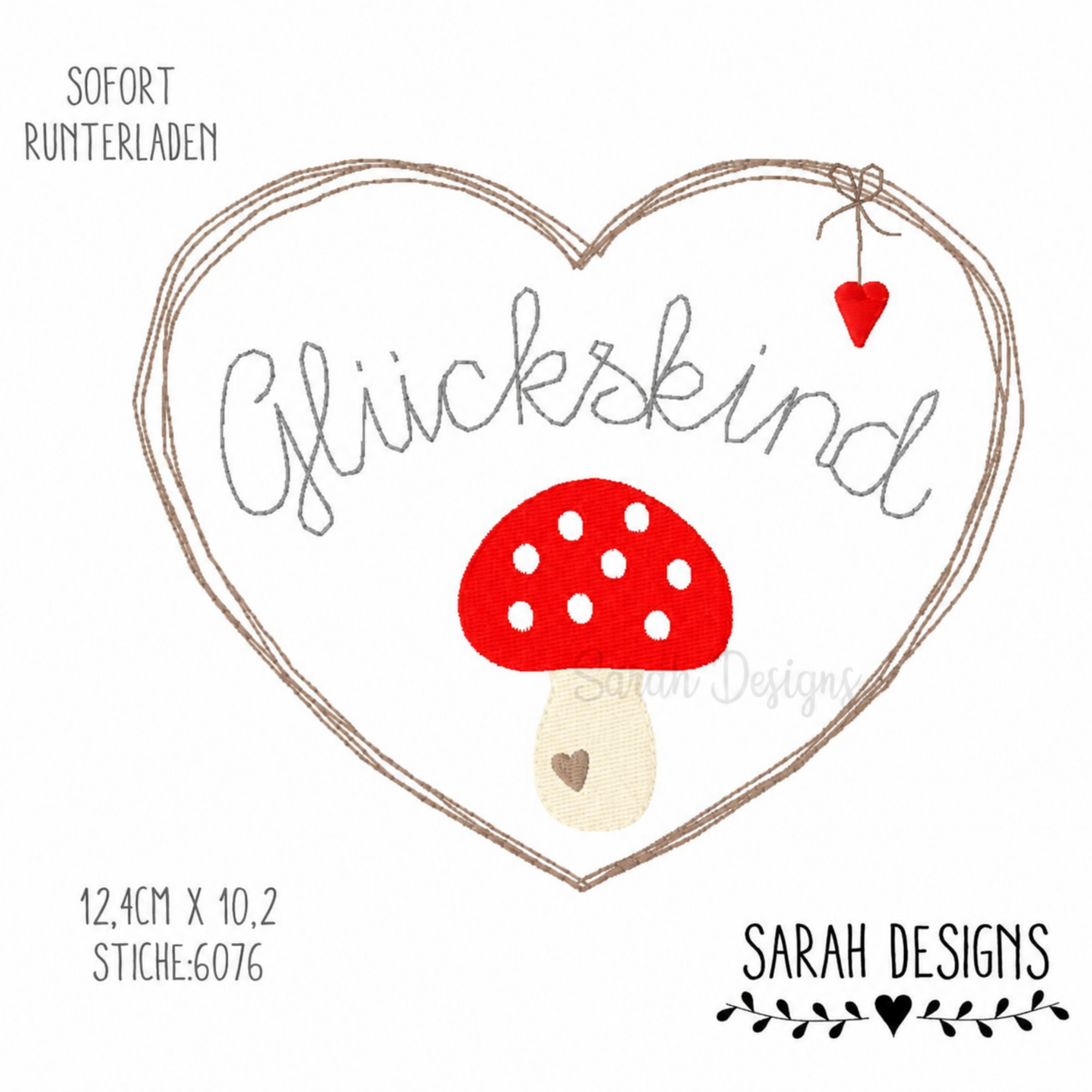 Geschenkidee Kinderkissen Glückspilz Stickdatei 18x13 Maschinensticken Doodle Herz Pilz Kinderzimmer Deko Stickansicht