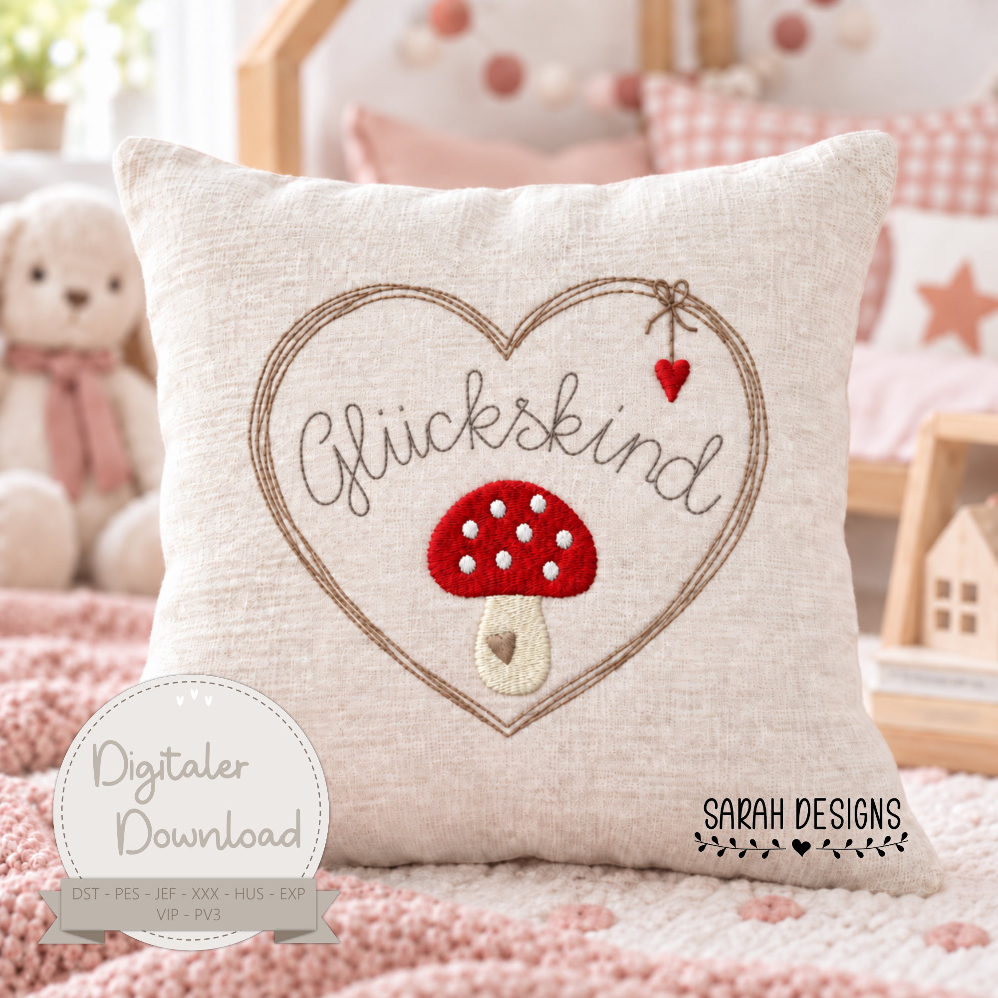 Geschenkidee Kinderkissen Glückspilz Stickdatei 18x13 Maschinensticken Doodle Herz Pilz Kinderzimmer Deko