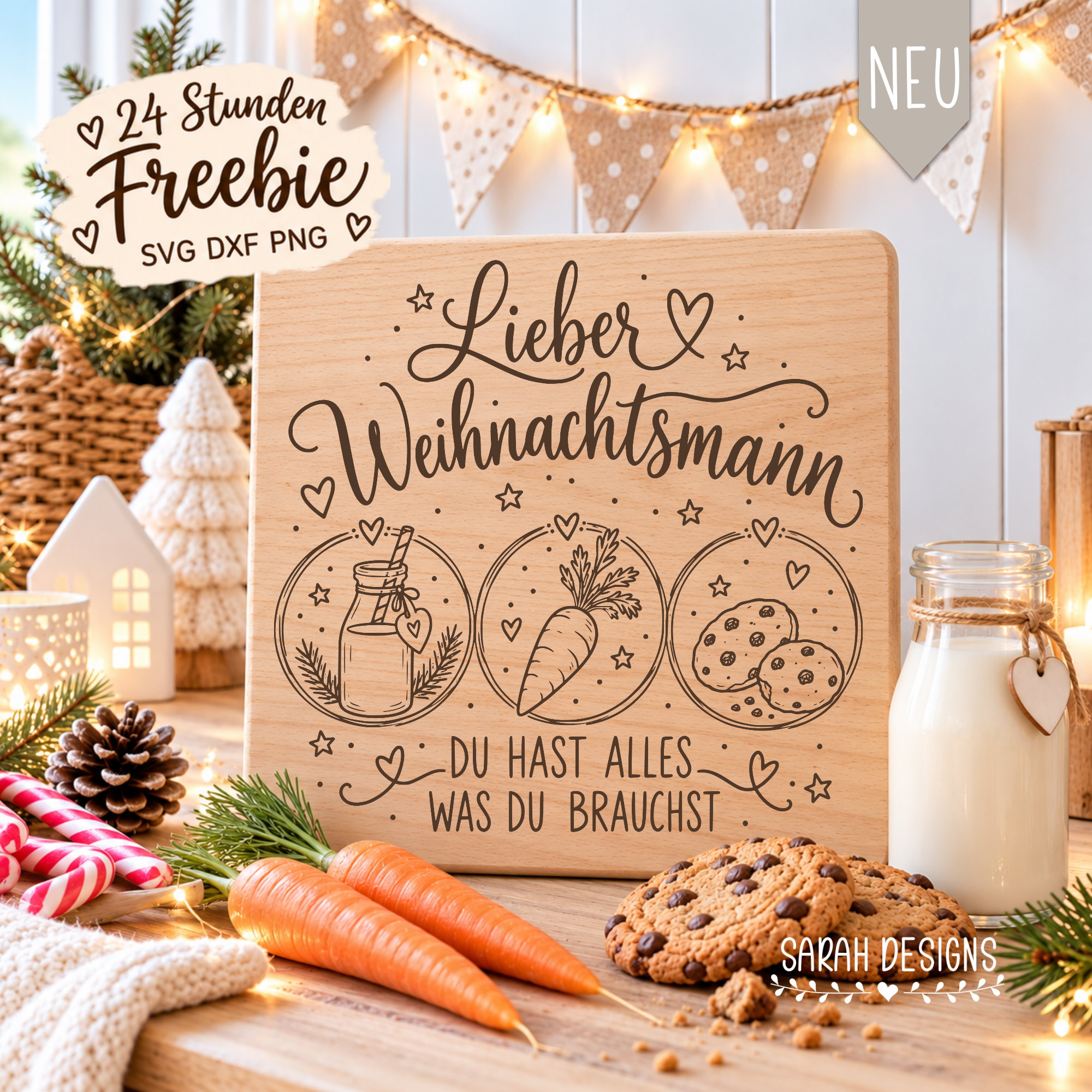 Datei SVG Lieber Weihnachtsmann Kekse Milch Möhre Nikolaustag Brettchen für den Nikolaus Laserdatei Vorlagen Lasern X Tool