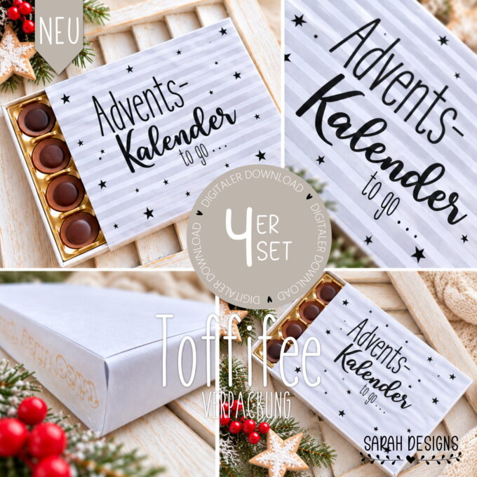 Geschenkverpackung | 4er Set | Adventskalender to go| 24er Set Schokolade | Druckvorlage PDF