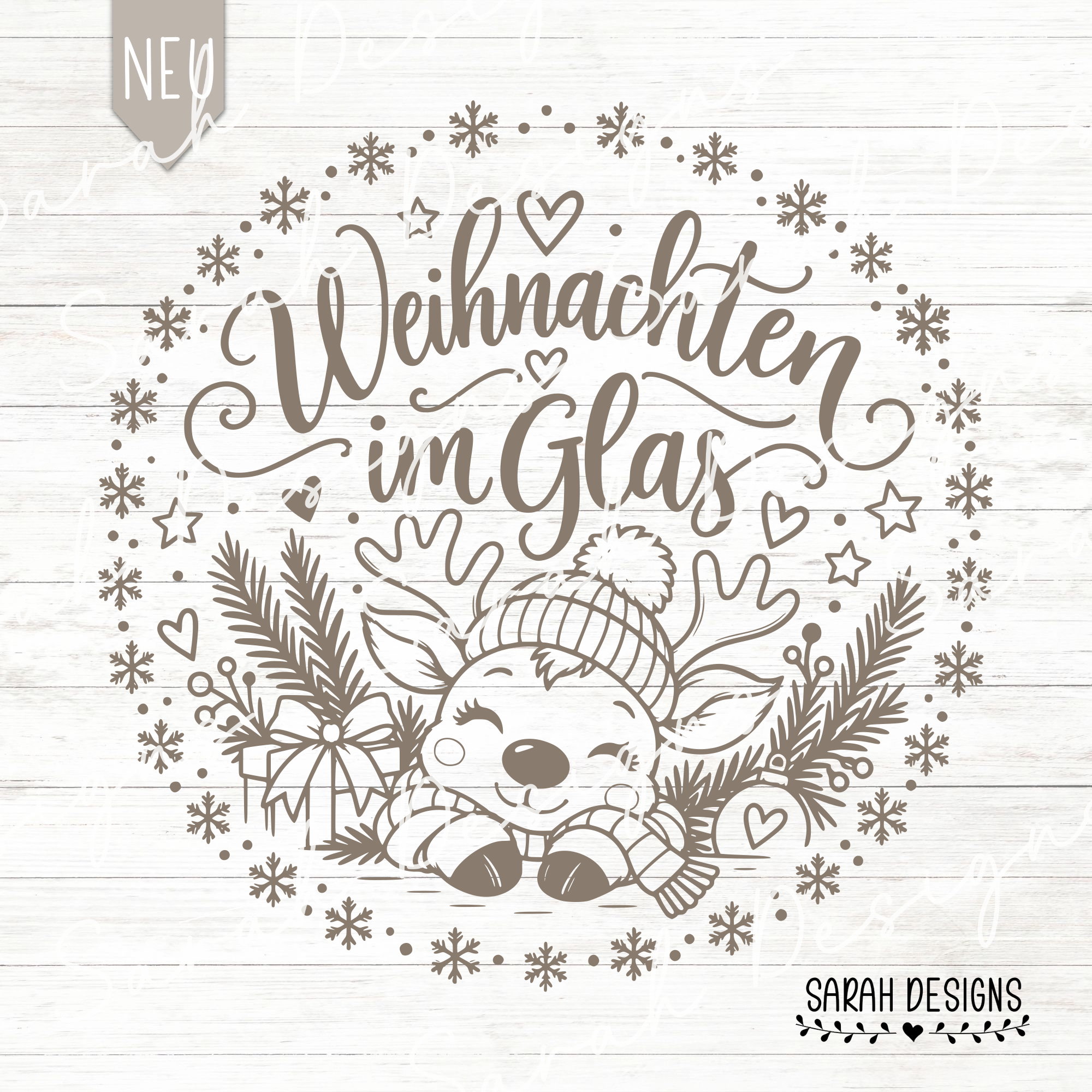 SVG Laser Datei Rentier Weihnachten im Glas mit Holzdeckel Lasern drucken basteln geschenkidee Weihnachten mit Schneeflocken II