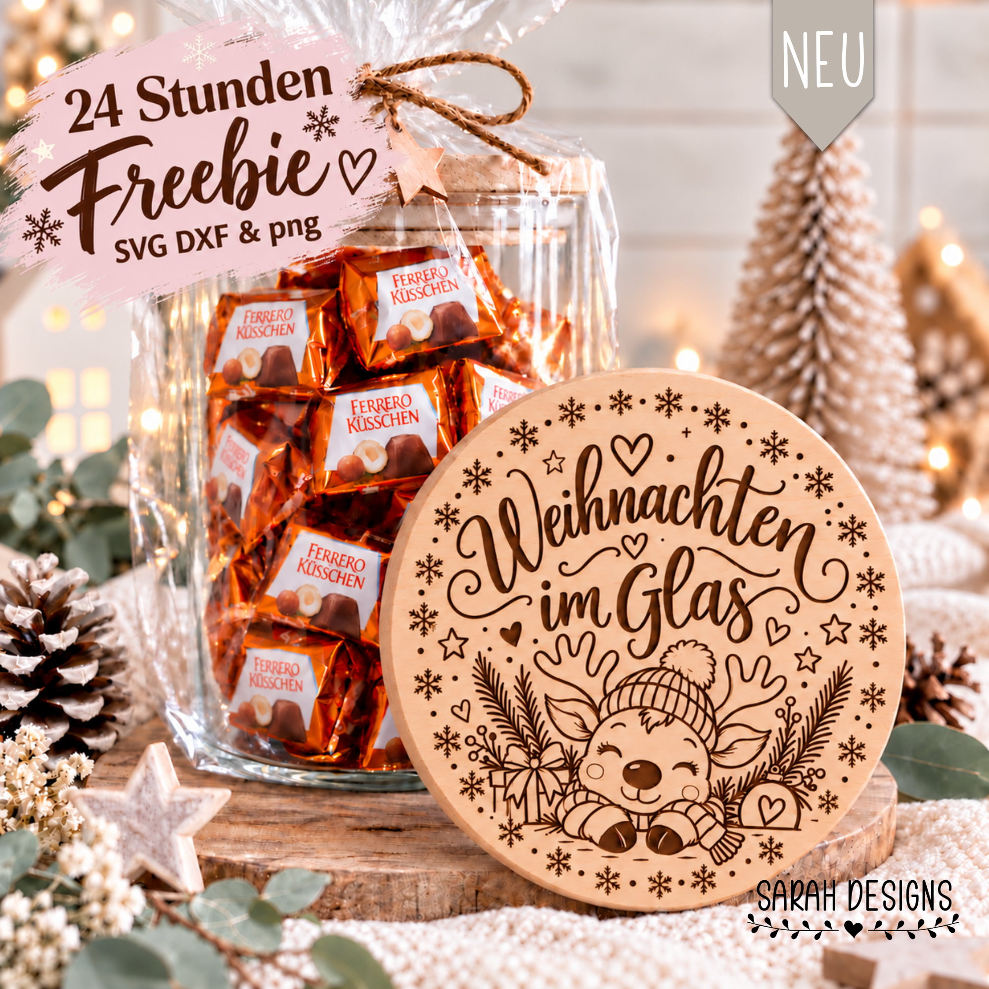 SVG Laser Datei Rentier Weihnachten im Glas mit Holzdeckel Lasern drucken basteln geschenkidee Weihnachten mit Schneeflocken