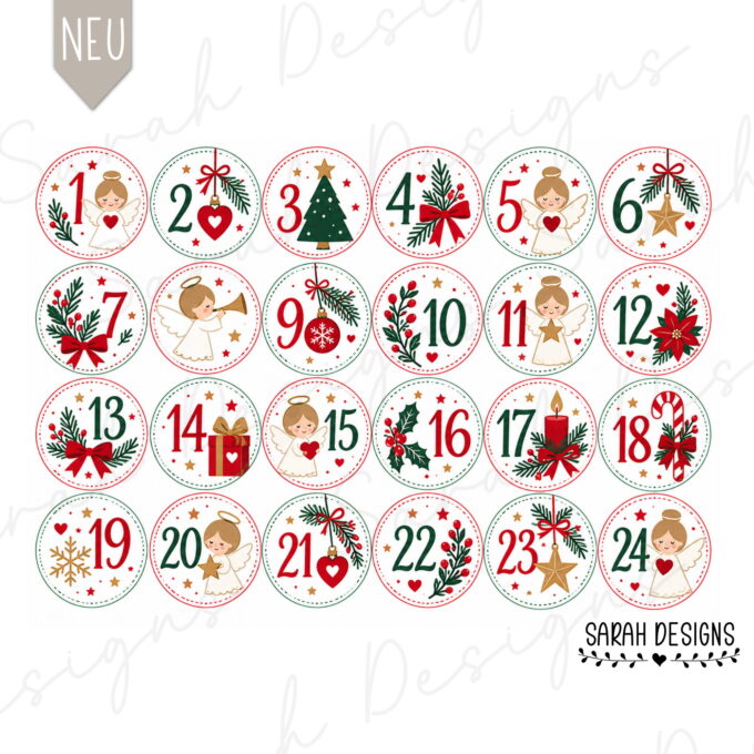 Geschenkverpackung | Adventskalender | 24er Set | Druckvorlage PDF Zahlen Weihnachtsengel