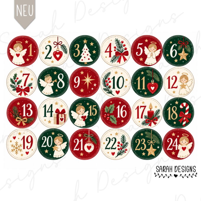 Geschenkverpackung | Adventskalender | 24er Set | Druckvorlage PDF Zahlen Weihnachtsengel 2