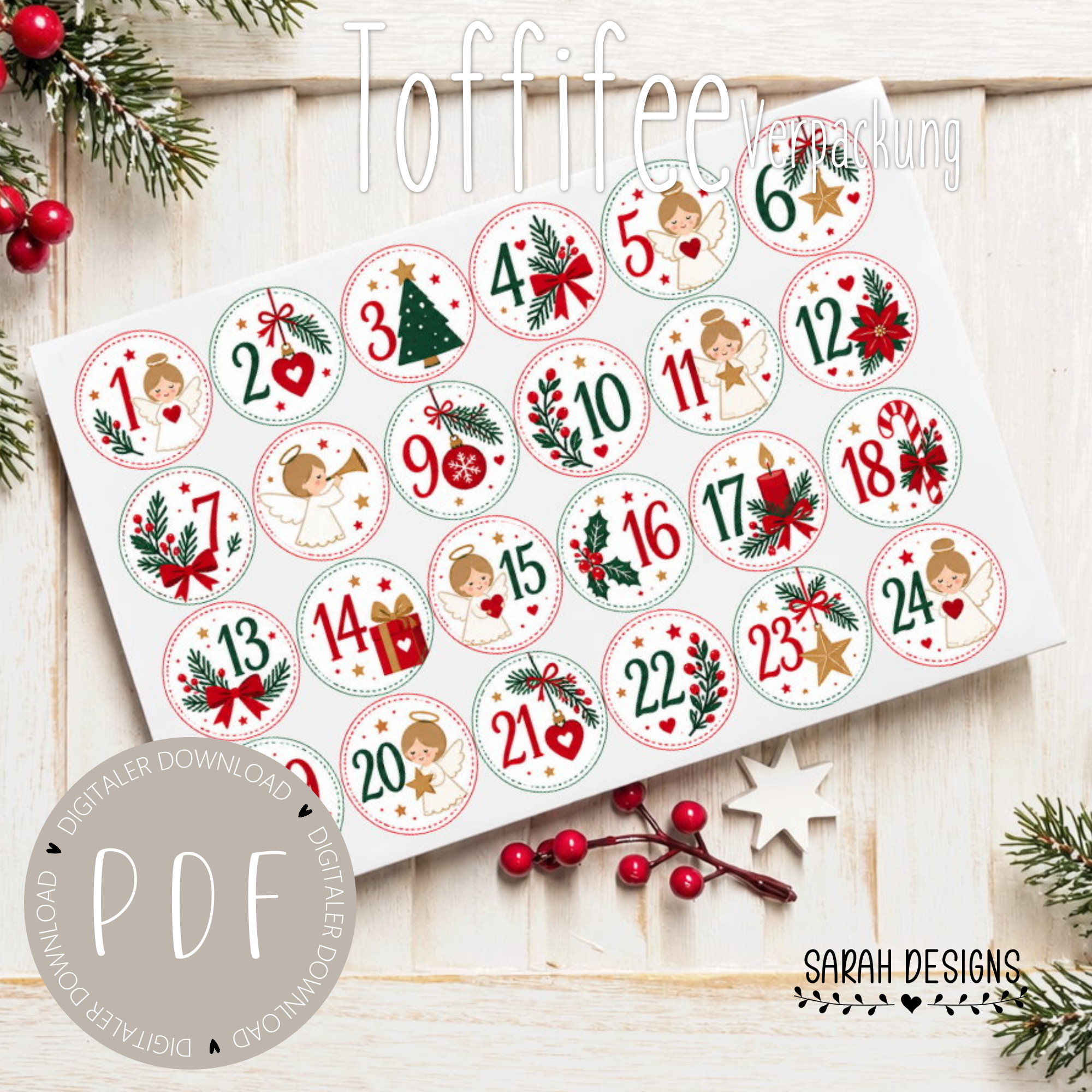 Toffifee Banderole Druckvorlage Druckdatei PDF DIN A4 Adventskalender Schokolade Geschenkidee Weihnachten Engel Weihnachtsengel