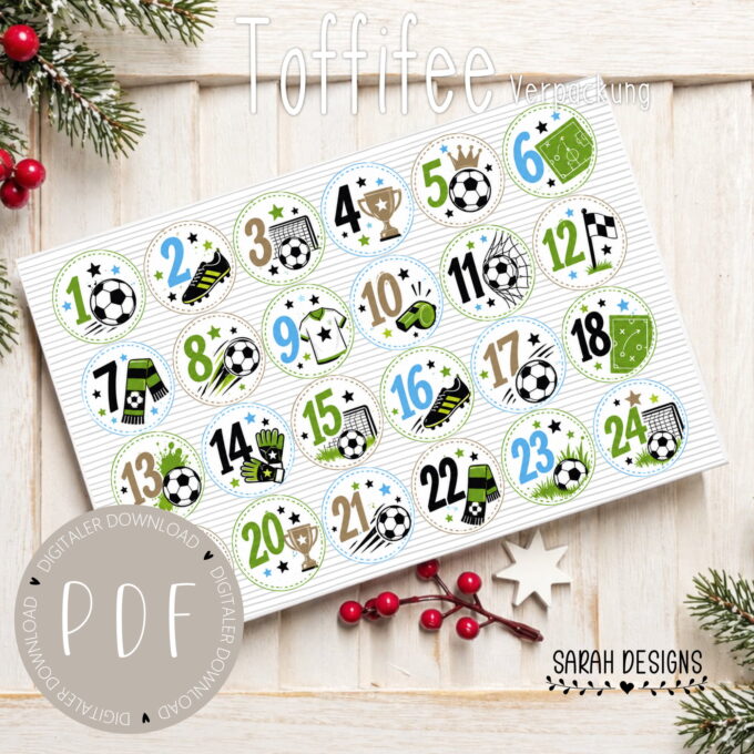 Geschenkverpackung | Adventskalender | 24er Set | Druckvorlage PDF Zahlen Fußball