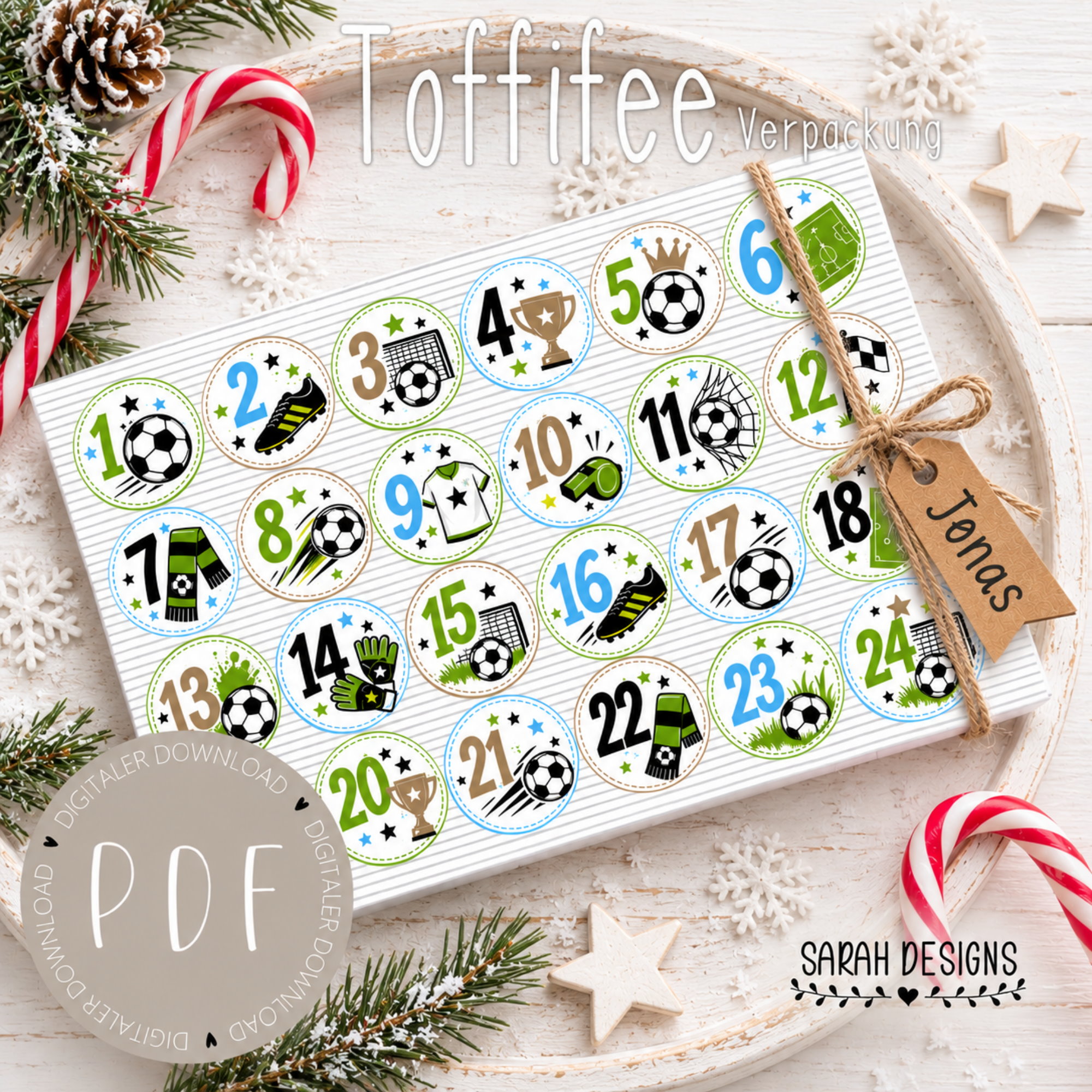 Toffifee Banderole Druckvorlage Druckdatei PDF DIN A4 Adventskalender Schokolade Geschenkidee Weihnachten für Jungs Fussball hell