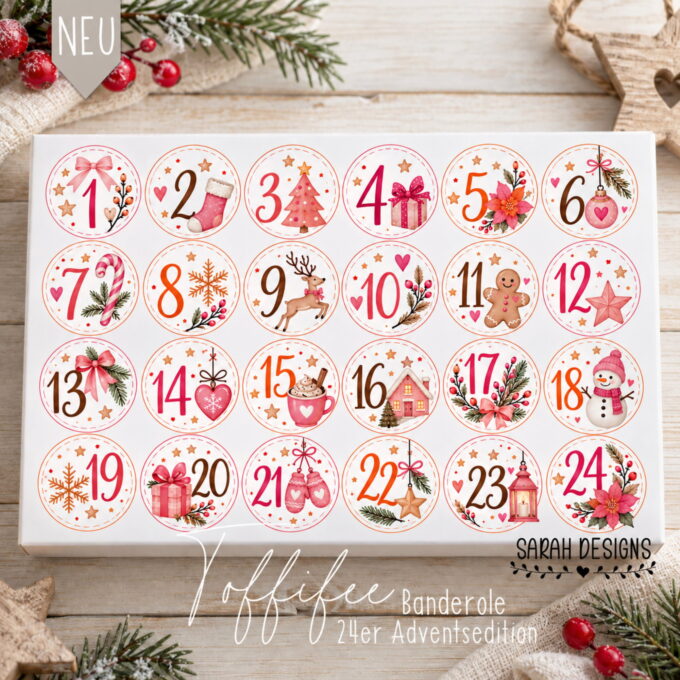 Geschenkverpackung | Adventskalender to go | 24er Set | Druckvorlage PDF Zahlen orange pink