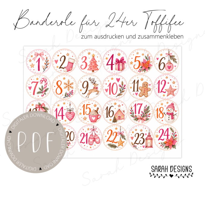 Geschenkverpackung | Adventskalender to go | 24er Set | Druckvorlage PDF Zahlen orange pink