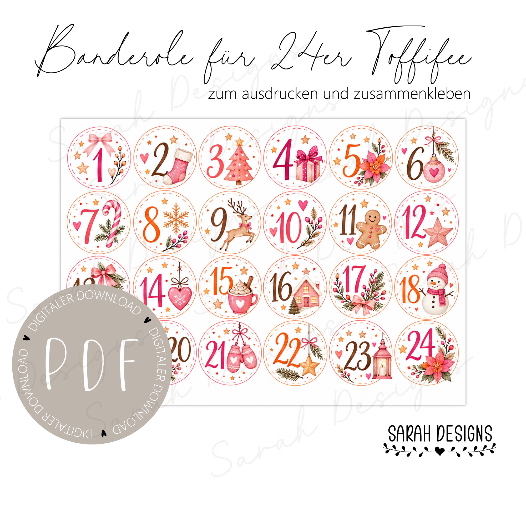 Toffifee Banderole Druckvorlage Druckdatei PDF DIN A4 Adventskalender Schokolade Geschenkidee Weihnachten orange pink Druckansicht