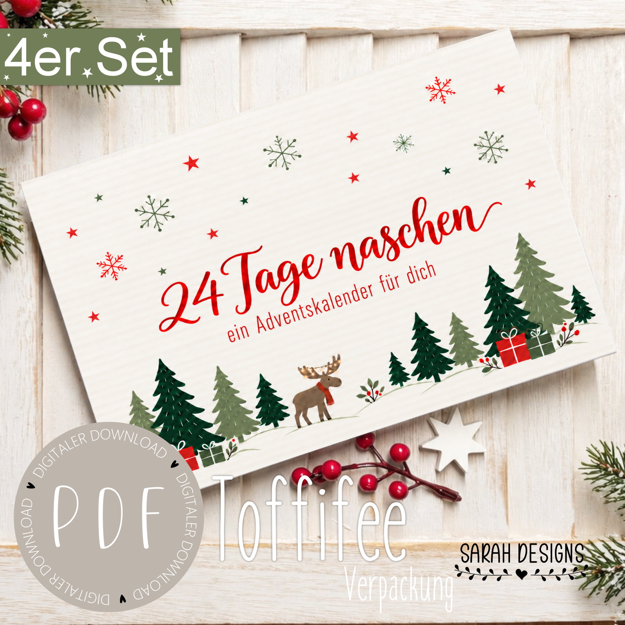 Toffifee Banderole Druckvorlage Druckdatei PDF DIN A4 Adventskalender Schokolade Geschenkidee Weihnachten skandinavisch Schwedisch Norwegen