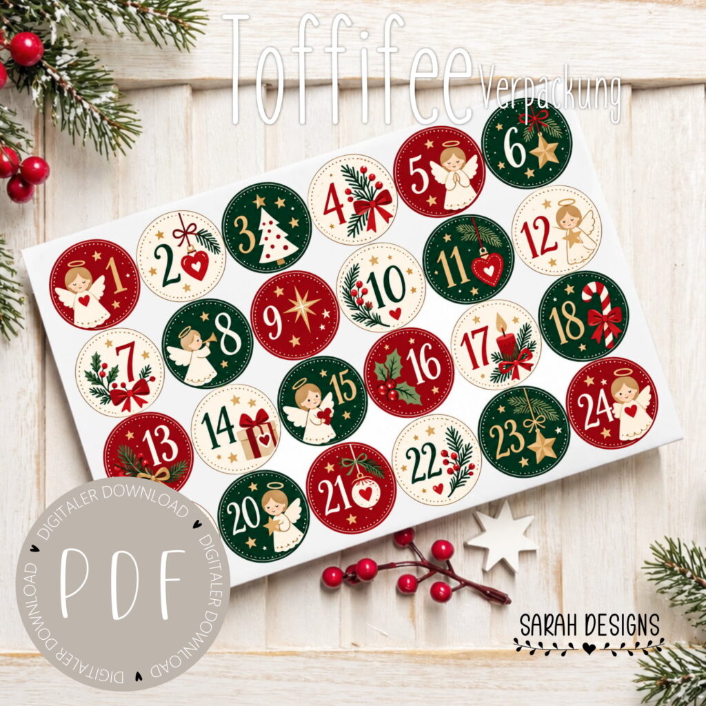 Toffifee Schokolade Banderole Druckvorlage Druckdatei PDF DIN A4 Adventskalender Schokolade Geschenkidee Weihnachten Engel Weihnachtsengel grün rot